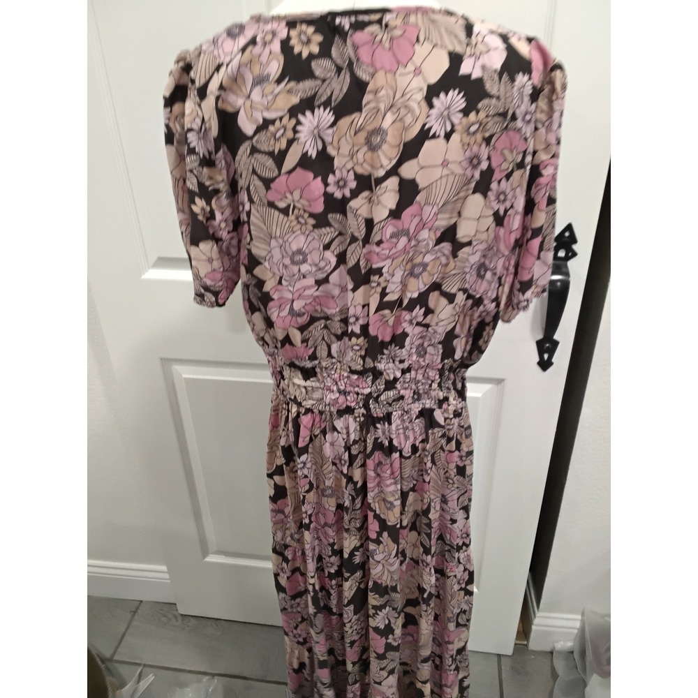 Natural Life Maxi Dress Floral Print Pink Black V Neck Smocked Waist XL - Picture 5 of 8